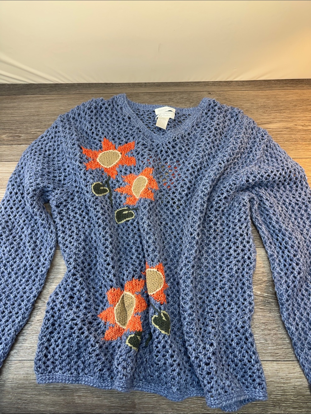 Christopher & Banks Blue Open-Knit V-Neck Sweater with Orange Floral Embroidery